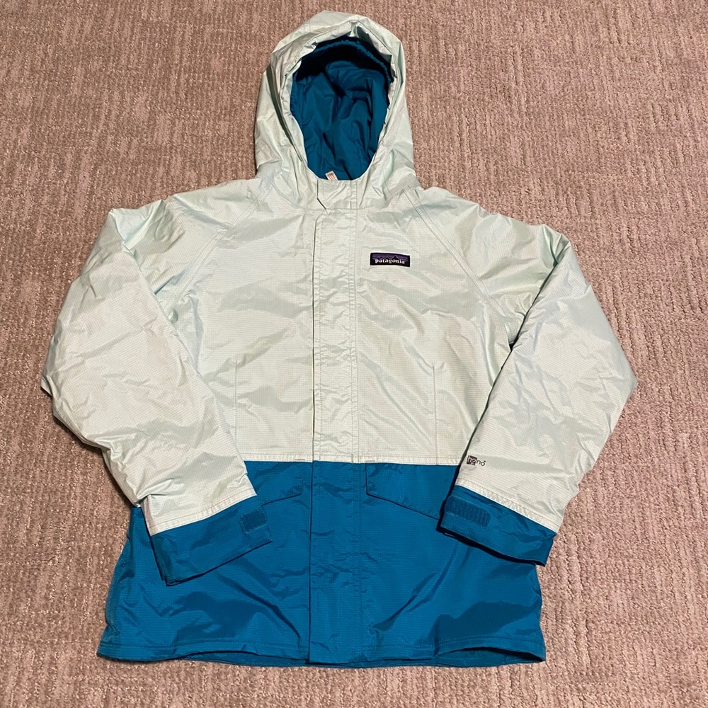 Patagonia Kids Raincoat in Light Green and Teal